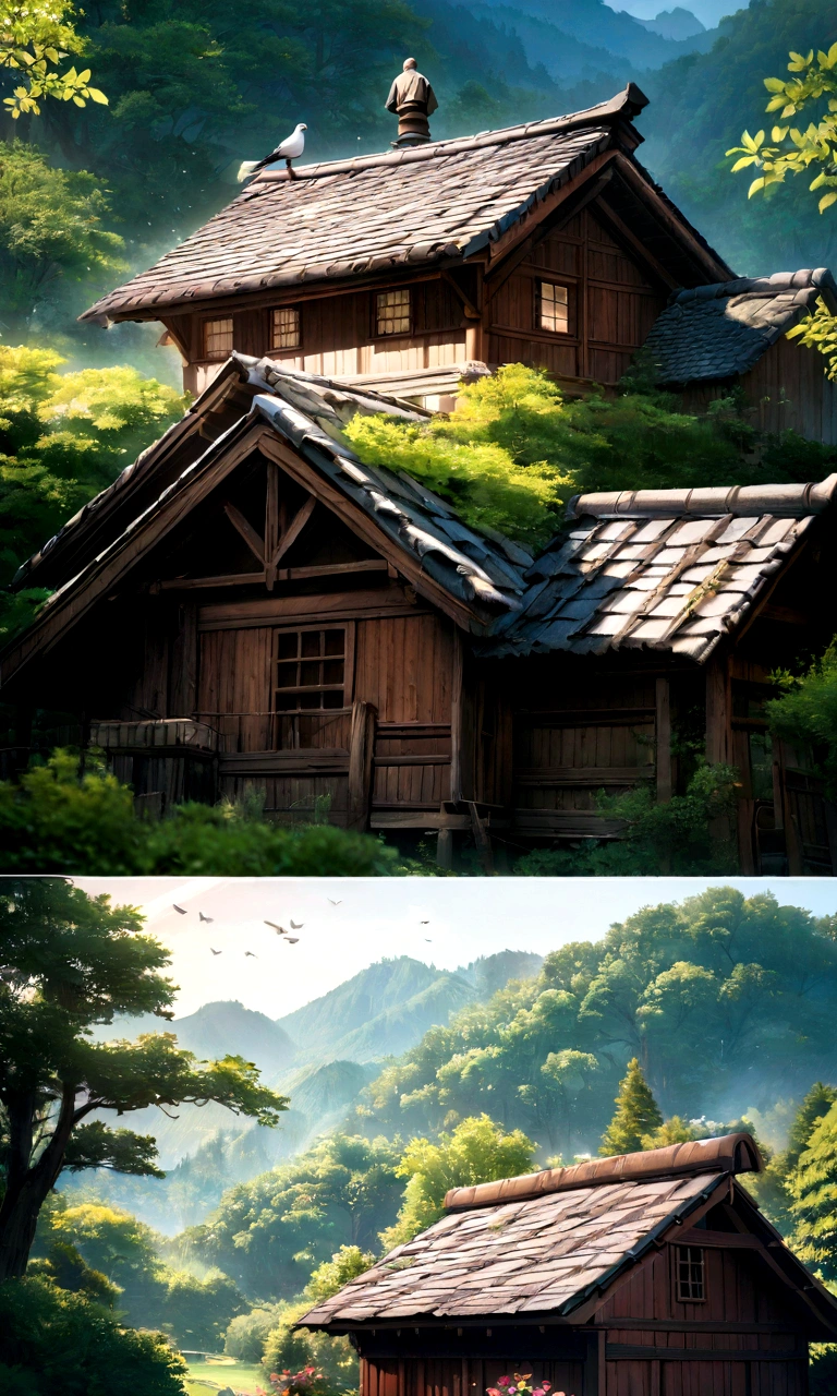 A pigeon is perched on the roof、Highest quality、8K、Detailed facial depiction、masterpiece、Highest quality、Crisp image quality、Photo of an old wooden house and the surrounding nature、A pigeon is perched on the roof