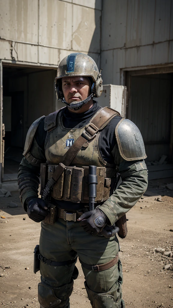 A Post Apocalyptic Guard that wears a full Tennessee Titans helmet and Shoulder pad set up. Have him be holding a machine gun