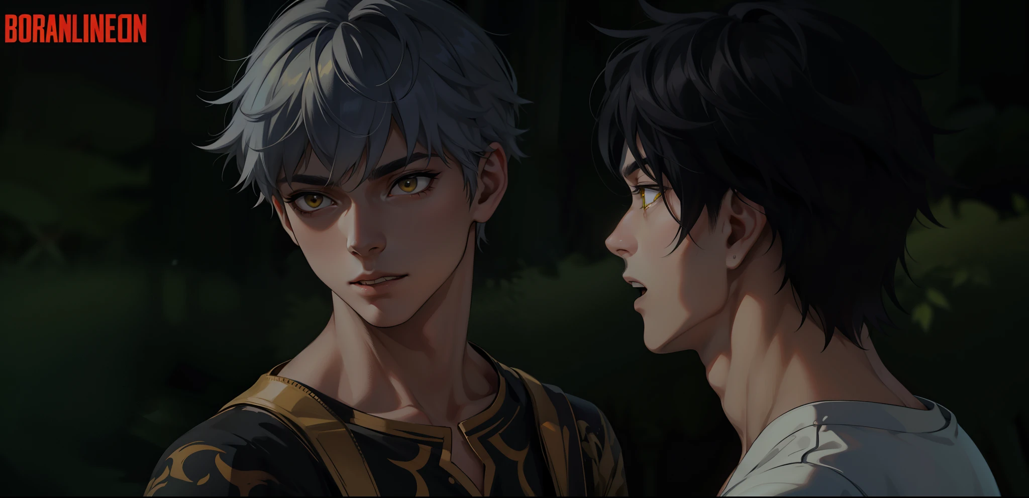 He is with his mouth open talking to someone white hair yellow eyes 28 years old black clothes