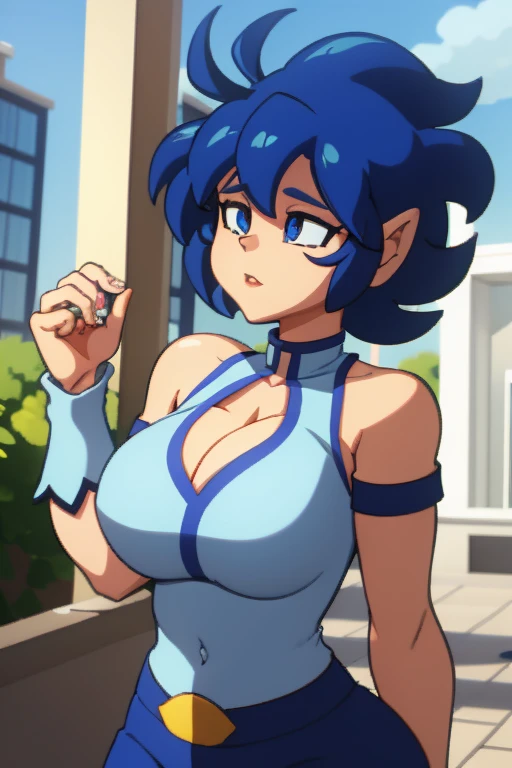 Emi has large breasts and she has blue hair and is wearing her powergirl cosplay