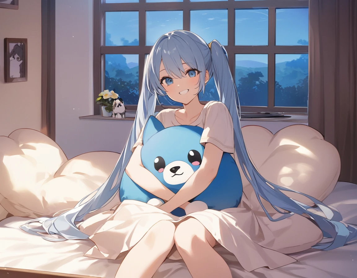 The room is decorated with many margaret flowers...、Margaret flowers on the windowsill、The morning sun is shining、Long light blue hair、beautiful girl with twin tails、Bright smile、Sitting on the bed hugging a big body pillow、My dog is watching over me beside my bed、Face Highlights