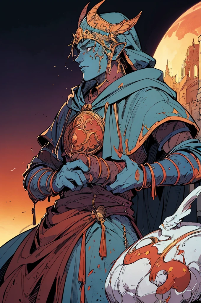 masterpiece:1.2, Best quality, ultra detailed, absurdity, blood spatter, (action SHOT), Fox ears, Furry crusader, elegant armor, elegant hooded headdress, Leper King, in the style of Kentaro Miura, blue skin, disfigured face, 1male,male_Concentrated, fantasy, Science fiction,