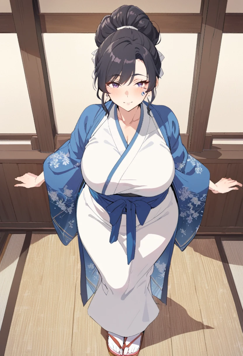 {{full body}} {{Artist: sincos}} 1girl, mature female, silky black hair tied in a elaborate updo, Large dark brown eyes with long lashes, violet eyes, curvy figure, ample bossom, beauty mark near her left eye, blue aoqun hanfu, white silk stockings, White embroidered silk slippers, indoors, standing, pov