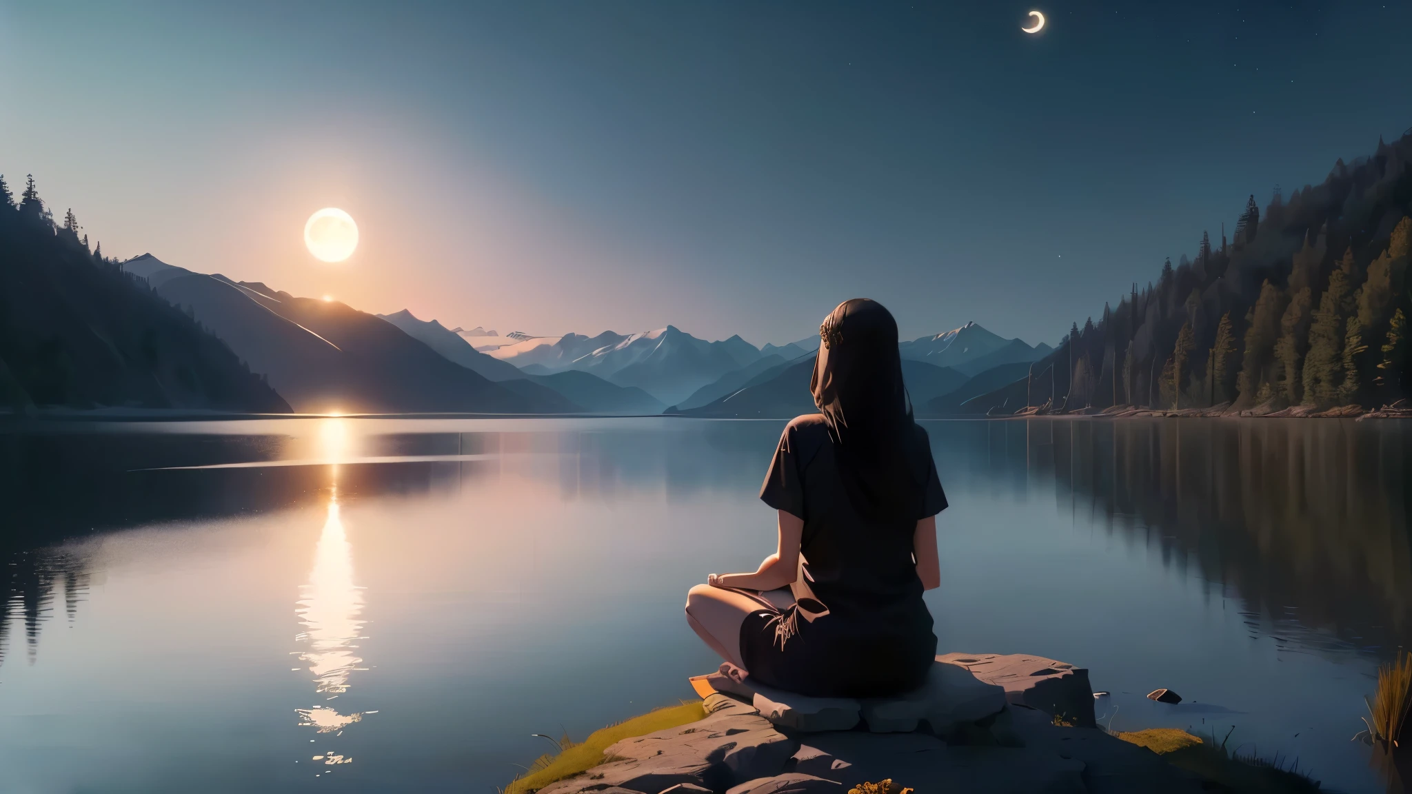 Arabian woman sitting on a rock and looking at the moon, meditationする, Sitting in front of the lake, meditation pose, meditation, Girl watching sunset, Sit on the moon, meditationする pose, Tranquility, Mysterious setting, meditationする in lotus position, Peaceful and serene, Relaxed atmosphere, Calm and peaceful atmosphere, Relaxing environment, Quiet environment, Calm expression, Calm emotions