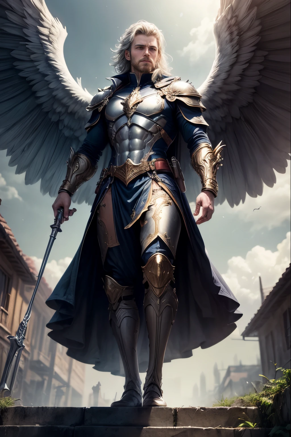 Gabriel is an archangel, The tall male angel is a war hero, Front view of the face, Standing on the steps, A cold overlook, Looking at the audience, Spread your huge wings, Detailed face and eyes, The female angel stands below，Towards Gabriel, They are holding a war mobilization meeting, The scene takes place in the Heavenly Palace, fantasy, White and Silver, (best quality,Very detailed,masterpiece,Human Development Report,Ultra HD,potassium:1.3),professional,Practical,RAW photos,Bright colors