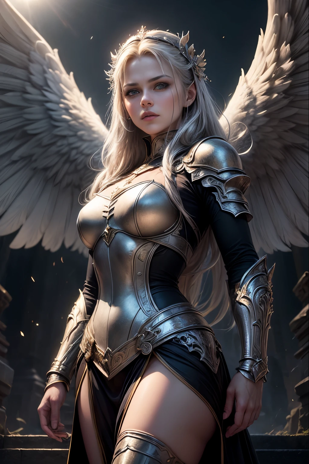 Gabriel is an archangel, The tall male angel is a war hero, Front view of the face, Standing on the steps, A cold overlook, Looking at the audience, Spread your huge wings, Detailed face and eyes, The female angel stands below,Towards Gabriel, They are holding a war mobilization meeting, The scene takes place in the Heavenly Palace, fantasy, White and Silver, (best quality,Very detailed,masterpiece,Human Development Report,Ultra HD,potassium:1.3),professional,Practical,RAW photos,Bright colors