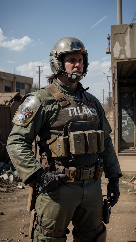 A Post Apocalyptic Guard that wears a full Tennessee Titans Football helmet and Shoulder pad set up. Have him be holding a machine gun 