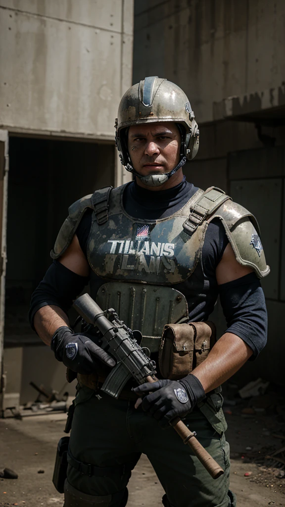 A Post Apocalyptic Guard that wears a full Tennessee Titans Football helmet and Shoulder pad set up. Have him be holding a machine gun 