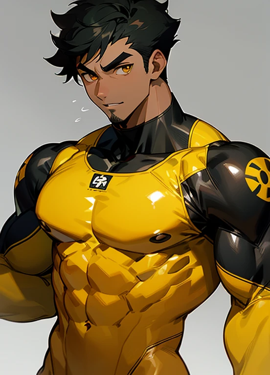 Develop an image of a hero wearing a green and gold costume. The hero must have a noble and powerful appearance, with distinct character traits. The green and gold costume should be modern and futuristic, with technological elements and details that make it unique. The hero must be in a heroic pose, as if he is ready to face any challenge that comes his way. The background scene can be an urban landscape or an imaginary landscape that matches the heroic aura of the character. Feel free to add creative and interesting details to make the hero even more captivating