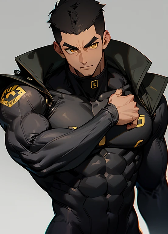 anime characters:Gyee, Muscle Sports Student, negro black skin, 1 dark skin muscular tough guy, Manliness, male focus, Dark yellow high collar long sleeve wetsuit, Matte texture, Very tight, Slightly transparent, muscular male, muscular, Large pectorals, pectorals are oversized, only, Upper body, alone, Black short hair, Thick eyebrows, stubble, Yellow eyes, Grey background, simple background, amazing quality, best aesthetics, Ridiculous, bright pupils, crew cut, parted lips, seductive smile, torogao, naughty face, best quality