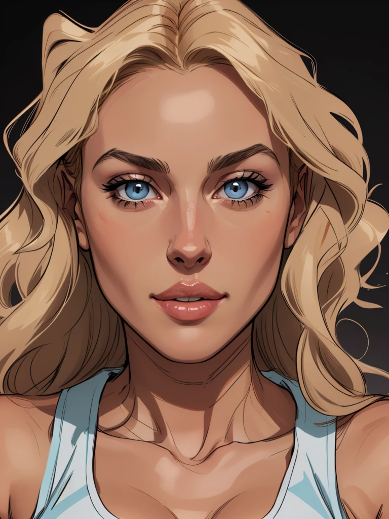 
Flat colors,close-up, Portrait of a 27year old surfer looking girl, tan skin, ([ Blue Eyes]) blonde wavy hair, natural beaty, ((Beautiful lips)) Sexy face, sexy look, lookind directly into camera,  high rise tank-top, perfect sized breasts, cleavage, beautiful, masterpiece, (([dark grey background]))

