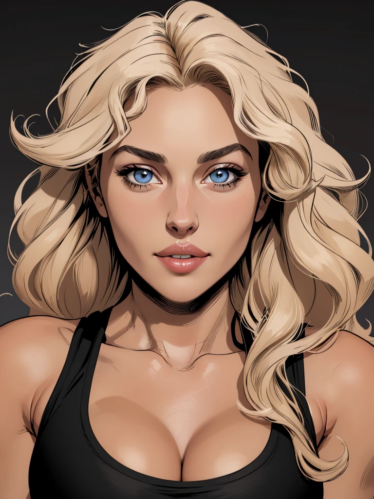 
Flat colors,close-up, Portrait of a 27year old surfer looking girl, tan skin, ([ Blue Eyes]) blonde wavy hair, natural beaty, ((Beautiful lips)) Sexy face, sexy look, lookind directly into camera,  high rise tank-top, perfect sized breasts, cleavage, beautiful, masterpiece, (([dark grey background]))

