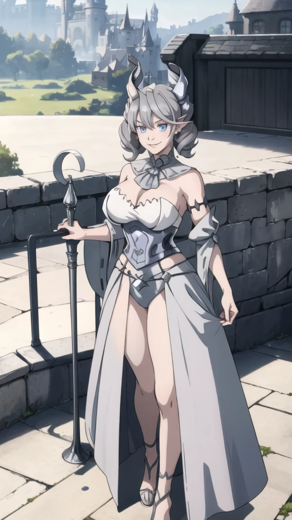  Outside castle top  High level image quality　best image quality　8K　 adult woman   silver castle outside  more colors   whole body view　portrait　  　horn    ears  　short hair（（shortcut）（gray hair）（perm）（fluffy））　eye color is blue ,  , 　attractive evil face , smile   ,  sexy pose   ,  labrynth ,  barearm    , wearing dress   , standing , , view foot arc   , view side