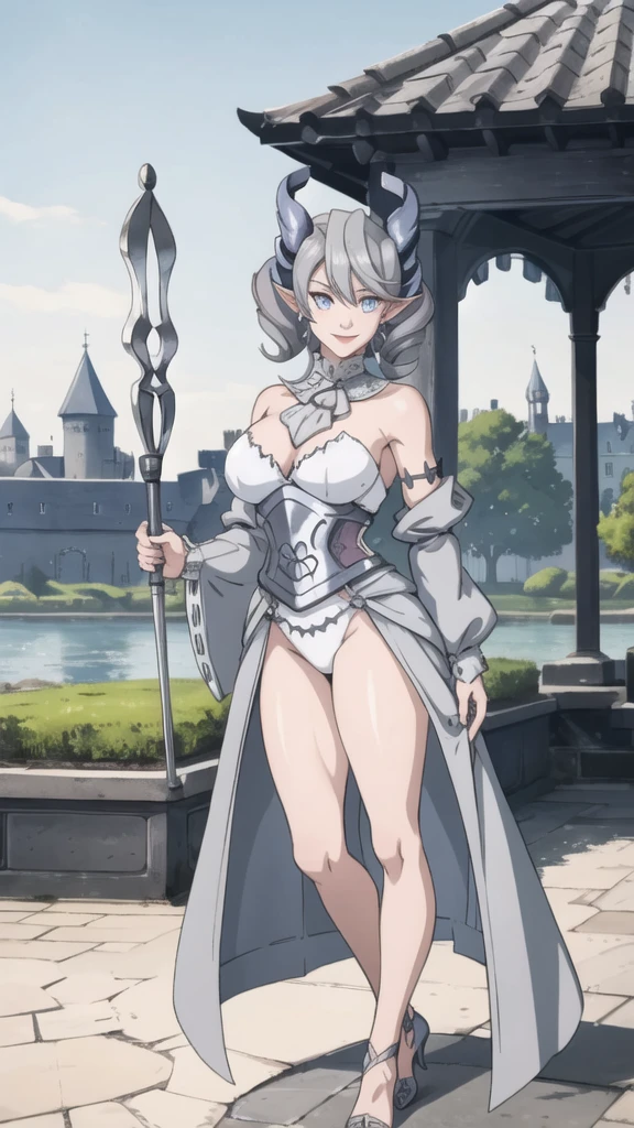 Outside castle top High level image quality best image quality 8K adult woman silver castle outside more colors whole body view portrait horn ears short hair((shortcut)(gray hair)(perm)(fluffy)) eye color is blue , , attractive evil face , smile , sexy pose , labrynth , barearm , wearing dress , standing , , view foot arc , view side