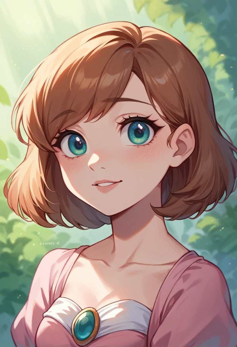 A Disney-type princess with Aurora eyes and mouth. light pink dress elegant cute Disney cute short medium brown hair without bangs (pretty girl) and light skin
