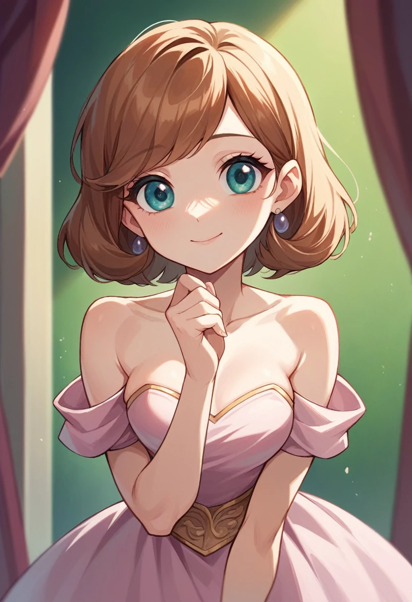 A Disney-type princess with Aurora eyes and mouth. 16 years old light pink dress elegant cute Disney cute short medium brown hair without bangs (pretty girl) and light skin