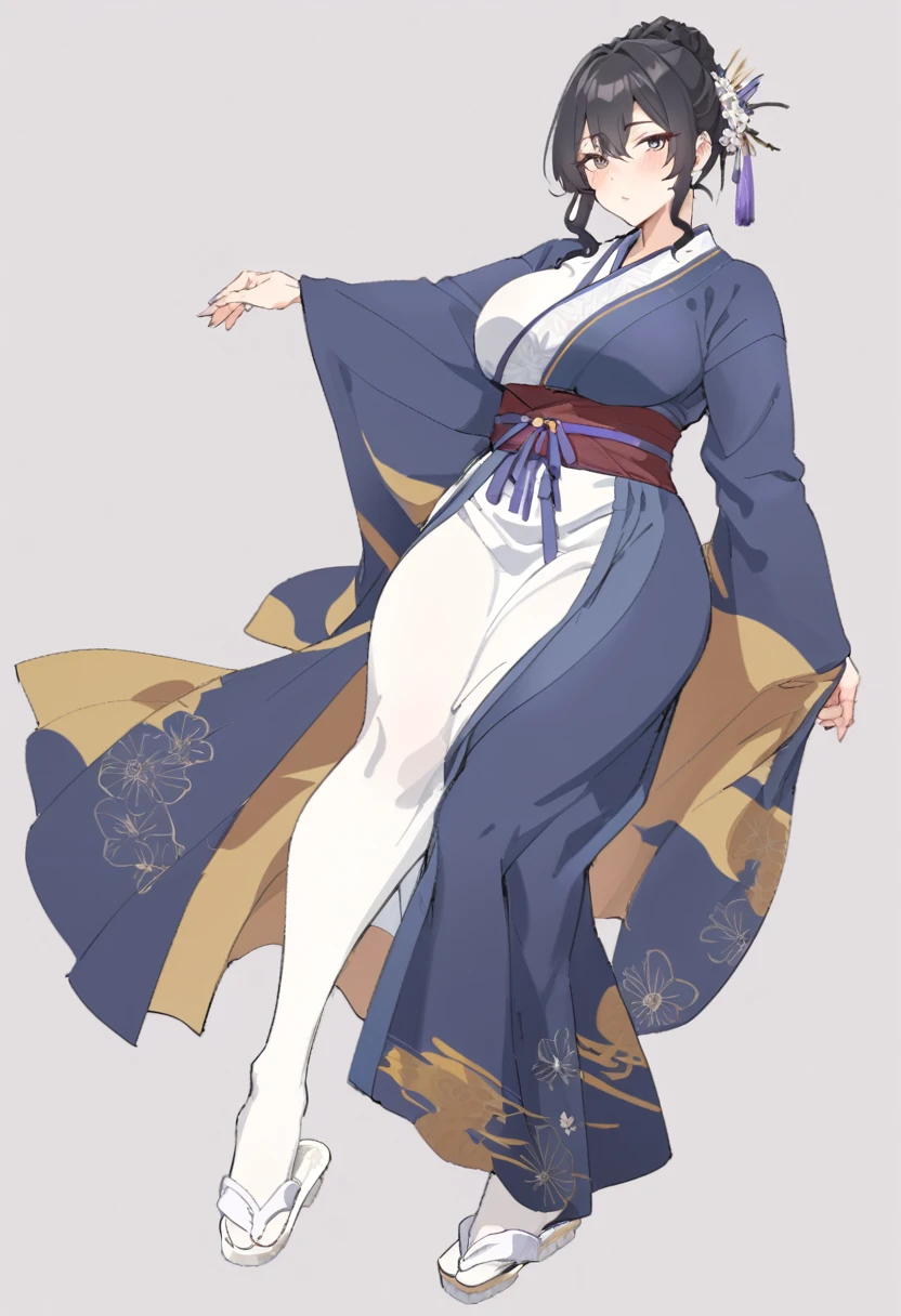 {{full body}} {{Artist: sincos}} 1girl, mature female, silky black hair tied in a elaborate updo, large dark brown eyes with long lashes, violet eyes, curvy figure, ample bossom, blue aoqun hanfu, white silk stockings, White embroidered silk slippers