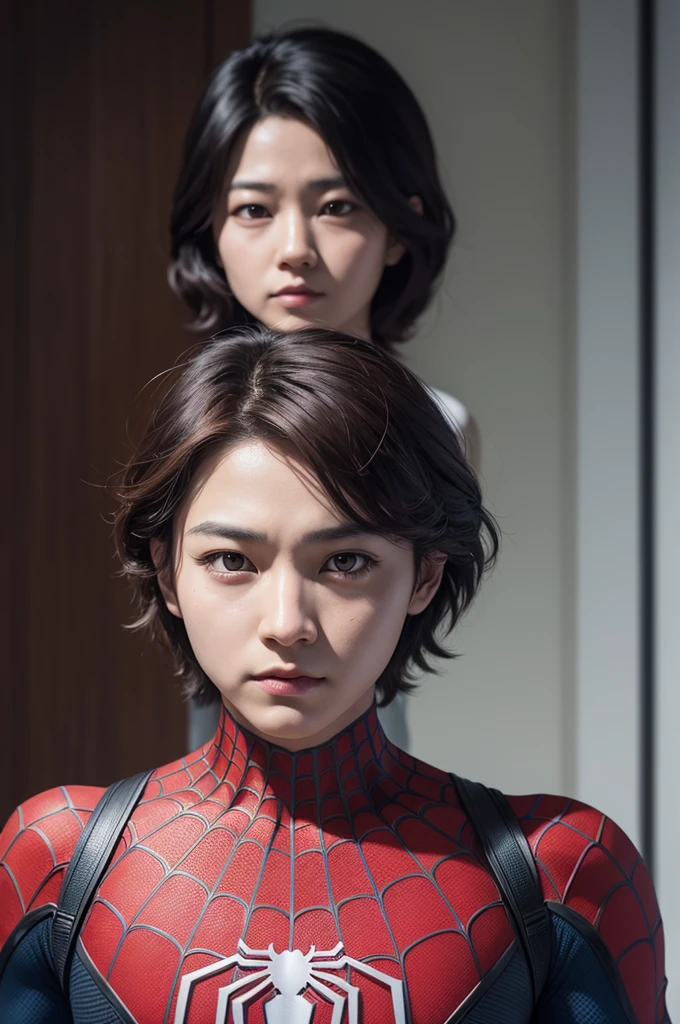 A photograph of Spider-Man, without mask, Jeon Jung Kook ,the 20s, bonitas, face detailed, looking at the camera, portraite, 8k hd, high qualiy