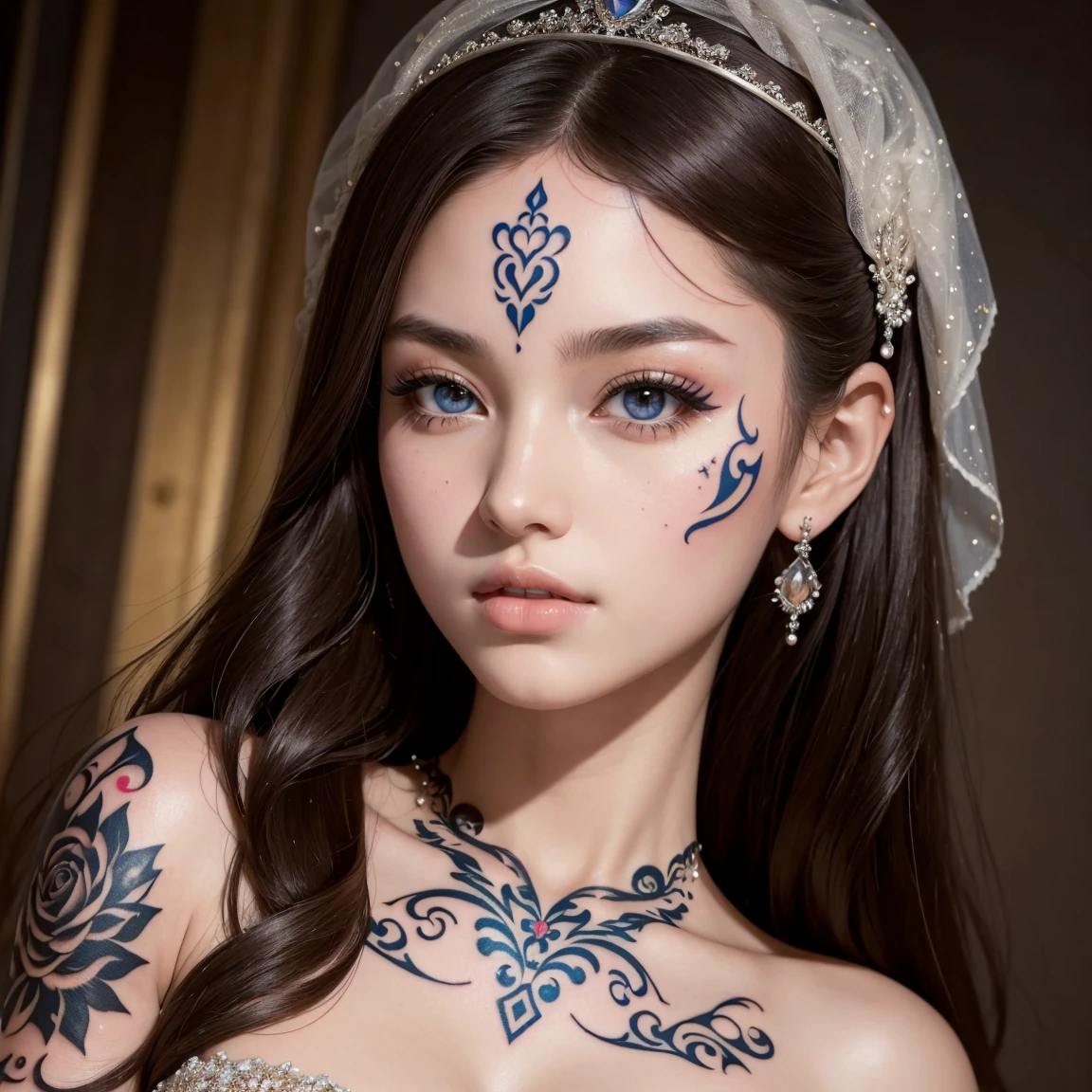 (masterpiece, best quality), ultra detailed, high resolution, 16k, the most beautiful face in the world, perfect face, delicate facial features, highly detailed beautiful face and eyes, shiny skin, highly detailed background, elaborately designed, fine cloth texture, BREAK, (gorgeous and stunning age princess in gorgeous and luxurious princess dress:1.2), perfect make-up, eyeshadow, lash extensions, rouge, deeply in love, full of elegance, (face mysterious tattoo:1.4)