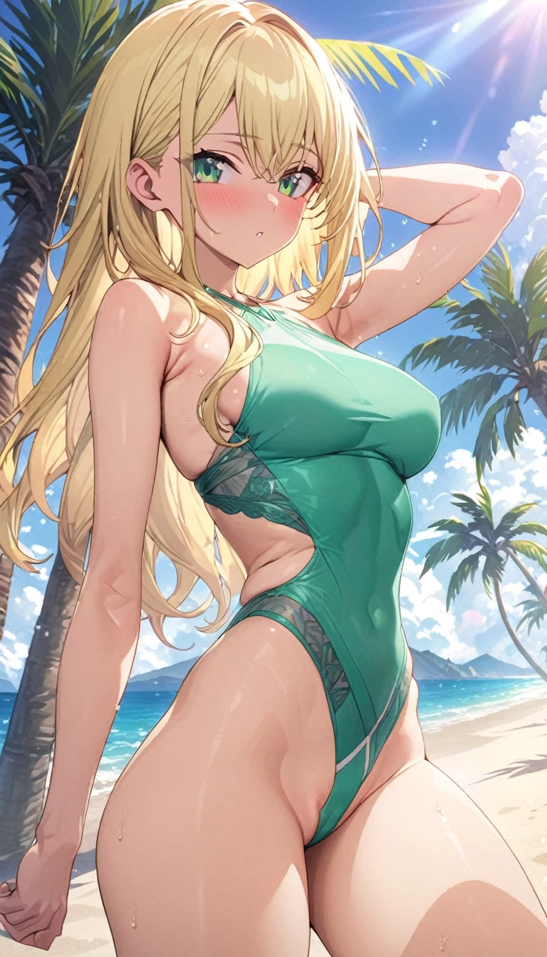 masterpiece, rich colors, Best quality, detailed, high resolution, Hyper quality, high detail, , high quality, detailing, skinny sexy girl on the beach , bright lighting , green eyes, Anime, palm trees, bright lighting, blonde,