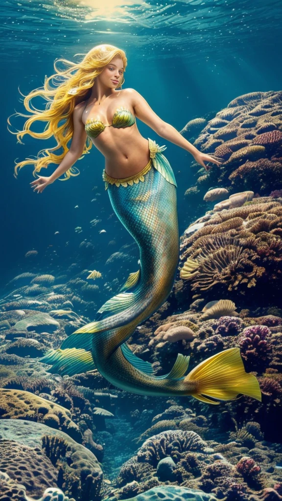 A young female mermaid diving in the deep blue sea. She is a yellow color mermaid with a beauty inside. She is not shy to show her private things and seduce the viewer.