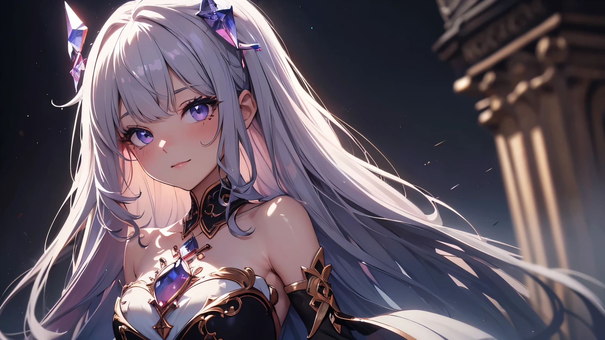 (masterpiece), 8k cg, stunningly beautiful girl, intricate details, chromatic aberration, ((bust shot)), ((looking at viewer)), 1girl, (KosekiBijou, hair ornament, white dress, strapless dress, crystal, detached sleeves, asymmetrical sleeves), extremely beautiful and delicate portrait, smile, blush, makeup, absurdres, cinematic lighting, dynamic lighting, fantasy, ((dark background, fog))