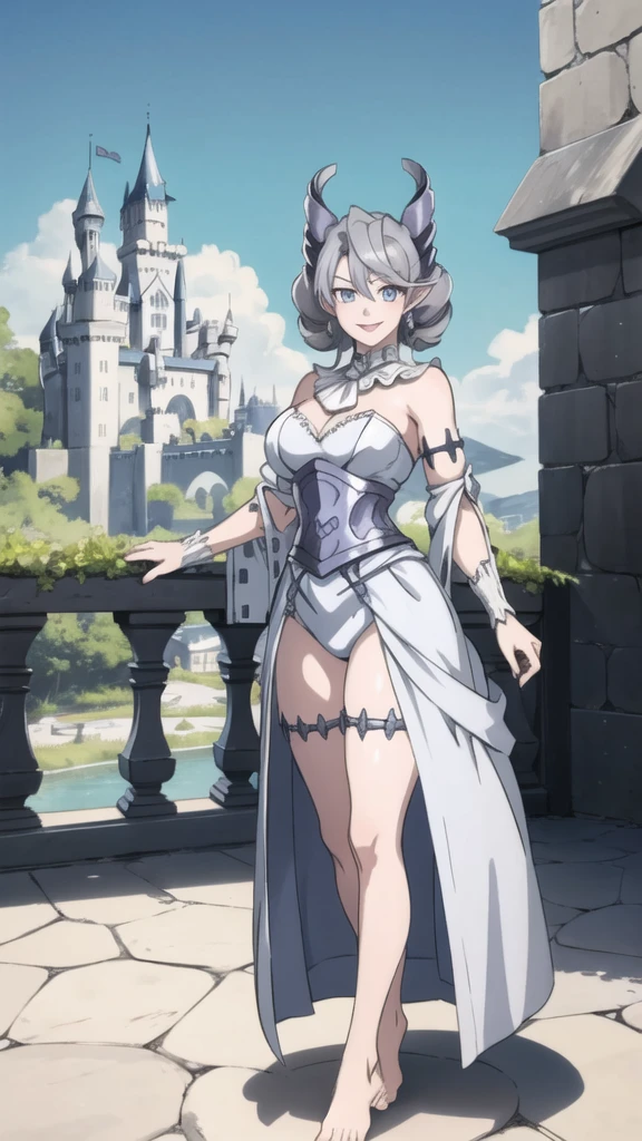  Outside castle top  High level image quality　best image quality　8K　 adult woman   silver castle outside  more colors   whole body view　portrait　  　horn    ears  　short hair（（shortcut）（gray hair）（perm）（fluffy））　eye color is blue ,  , 　attractive evil face , smile   ,  sexy pose   ,  labrynth ,  barearm    , wearing dress   , standing , view barefoot , view foot arc   , view side