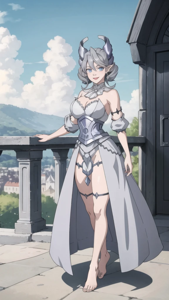  Outside castle top  High level image quality　best image quality　8K　 adult woman   silver castle outside  more colors   whole body view　portrait　  　horn    ears  　short hair（（shortcut）（gray hair）（perm）（fluffy））　eye color is blue ,  , 　attractive evil face , smile   ,  sexy pose   ,  labrynth ,  barearm    , wearing dress   , standing , view barefoot , view foot arc   , view side