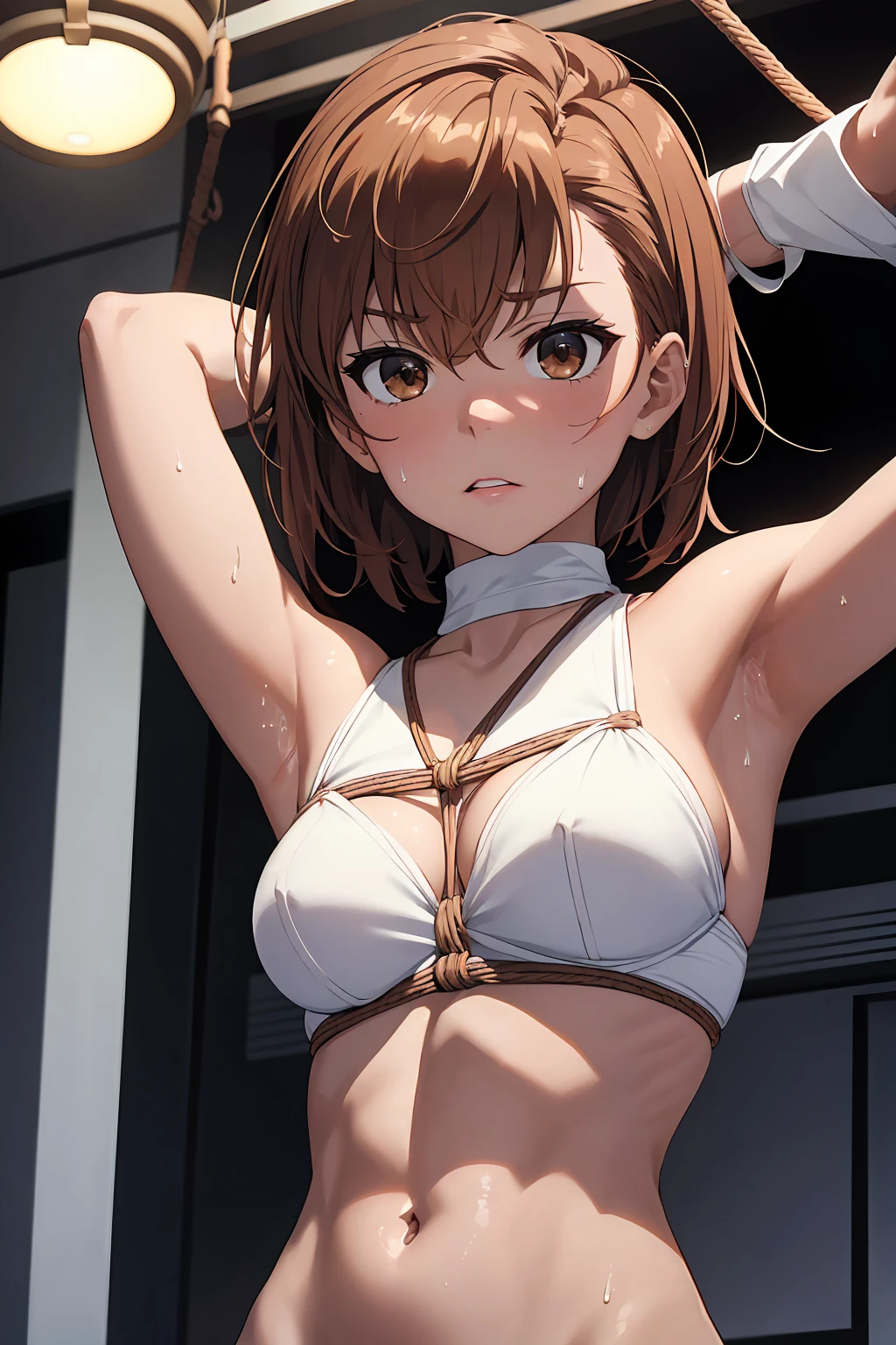 (Highest quality:1.5, High resolution, uhd, 4K, Detailed lighting, Shaders), NSFW Misaka Mikoto,　solo short hair　Brown Hair　Brown eyes　Cool face　　((BDSM, bondage, bound, shibari, restrained))++　White panties　White bra　Get angry顔　Dark realistic dungeon　　Super oily skin　Muscular　Raise your arms　Hang your arms from the ceiling　from below,　Sweat　Get angry
