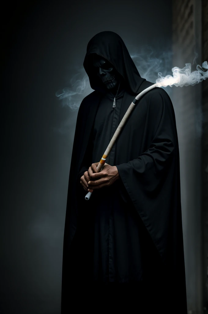 The grim reaper smoking a cigarette as he emerges from the shadows