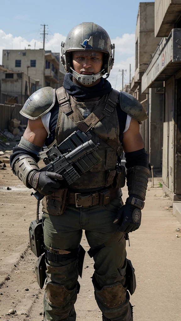 A Post Apocalyptic Guard that wears a full Tennessee Titans Football helmet and Shoulder pad set up. Have him be holding a machine gun. Make the helmets have a football mask 
