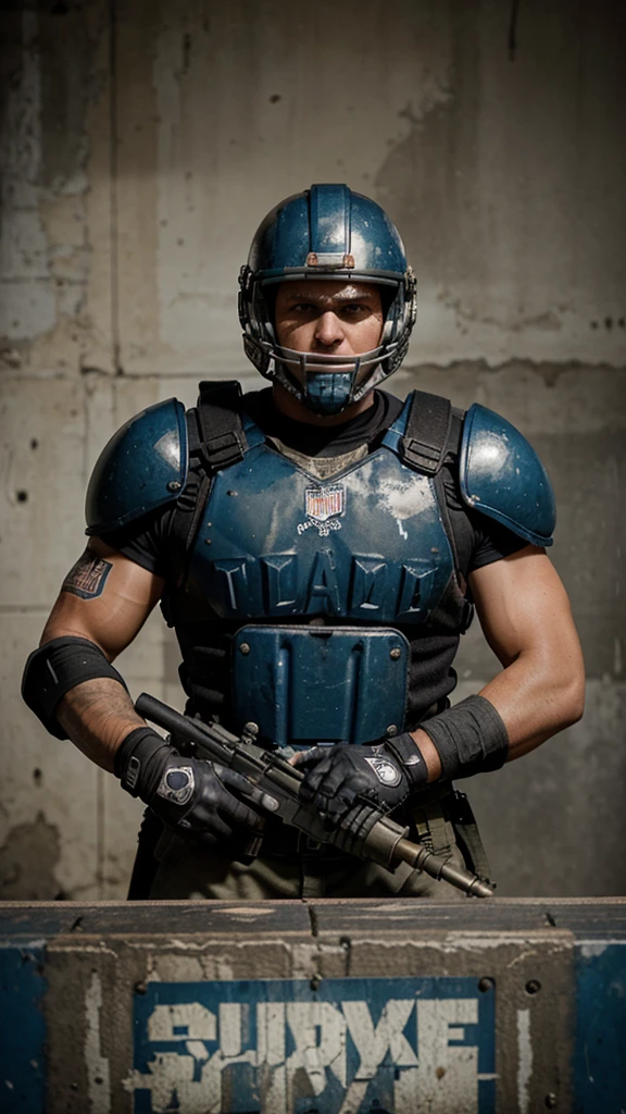 A Post Apocalyptic Guard that wears a full Tennessee Titans Football helmet and Shoulder pad set up. Have him be holding a machine gun. Make the helmets have a football mask 