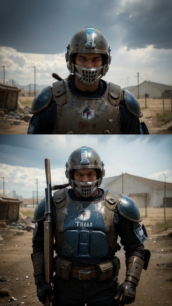 A Post Apocalyptic Guard that wears a full Tennessee Titans Football helmet and Shoulder pad set up. Have him be holding a machine gun. Make the helmets have a football mask
