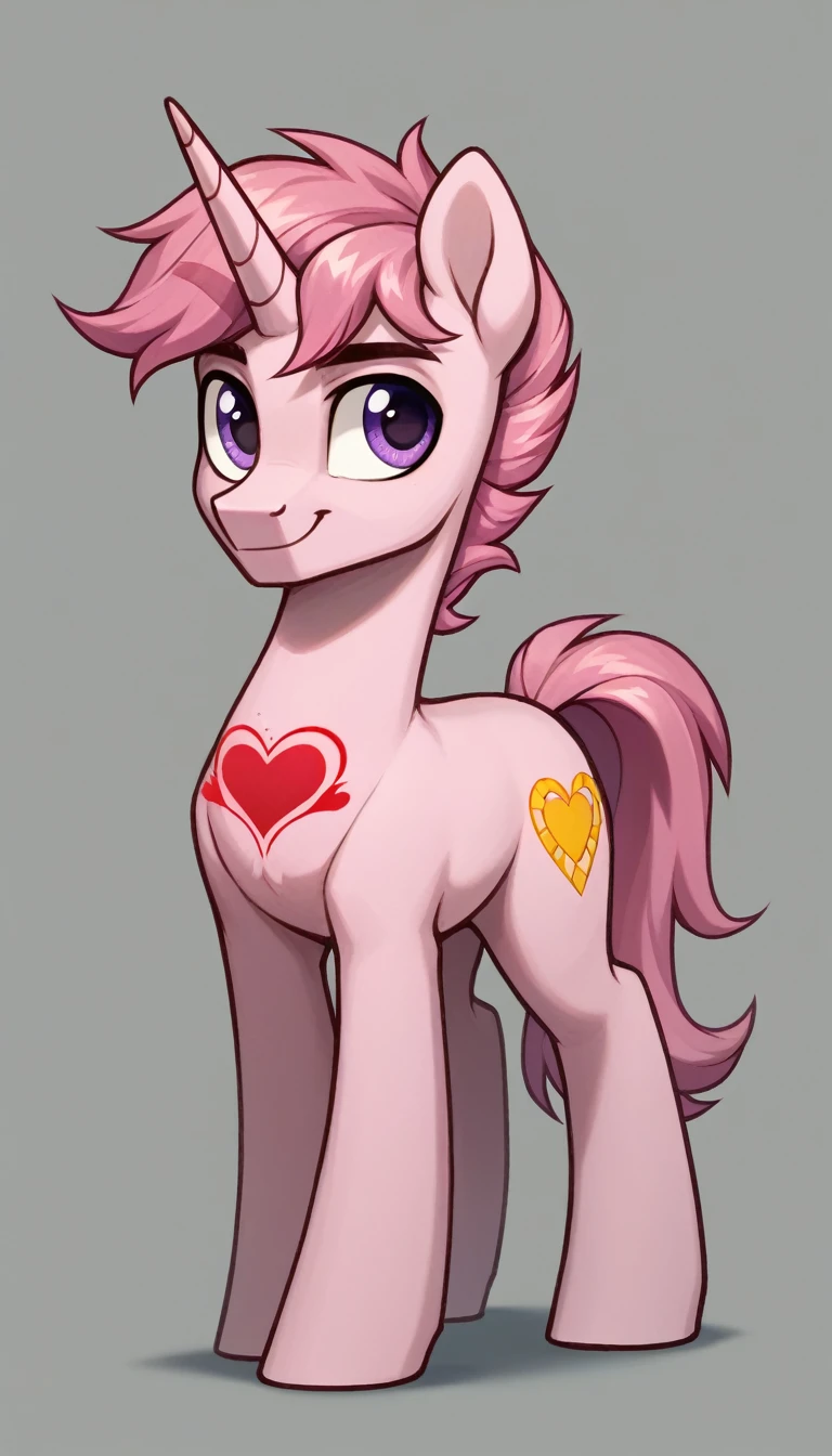 score_9, score_8_up, score_7_up, MLP, pink fur, pink hair, violet eyes, warm smile, golden heart tattoo, , only one stallion unicorn pony, solo scene, full body