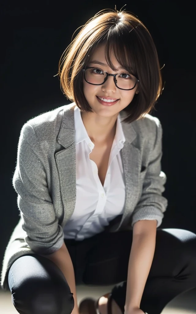 (masterpiece:1.2, highest quality, 8k, Complex, realistic, portrait photography, khd, (Looks like a whole body:1.3), (super detailed), (half squatting, open legs), 1 girl, seductive lady, close up:0.8, perfect anatomy, (whole body, blazer jacket, tight long pants, (short hair), A buttoned-up shirt flaps, glasses, looking at the viewer, smile, black background:1.3,