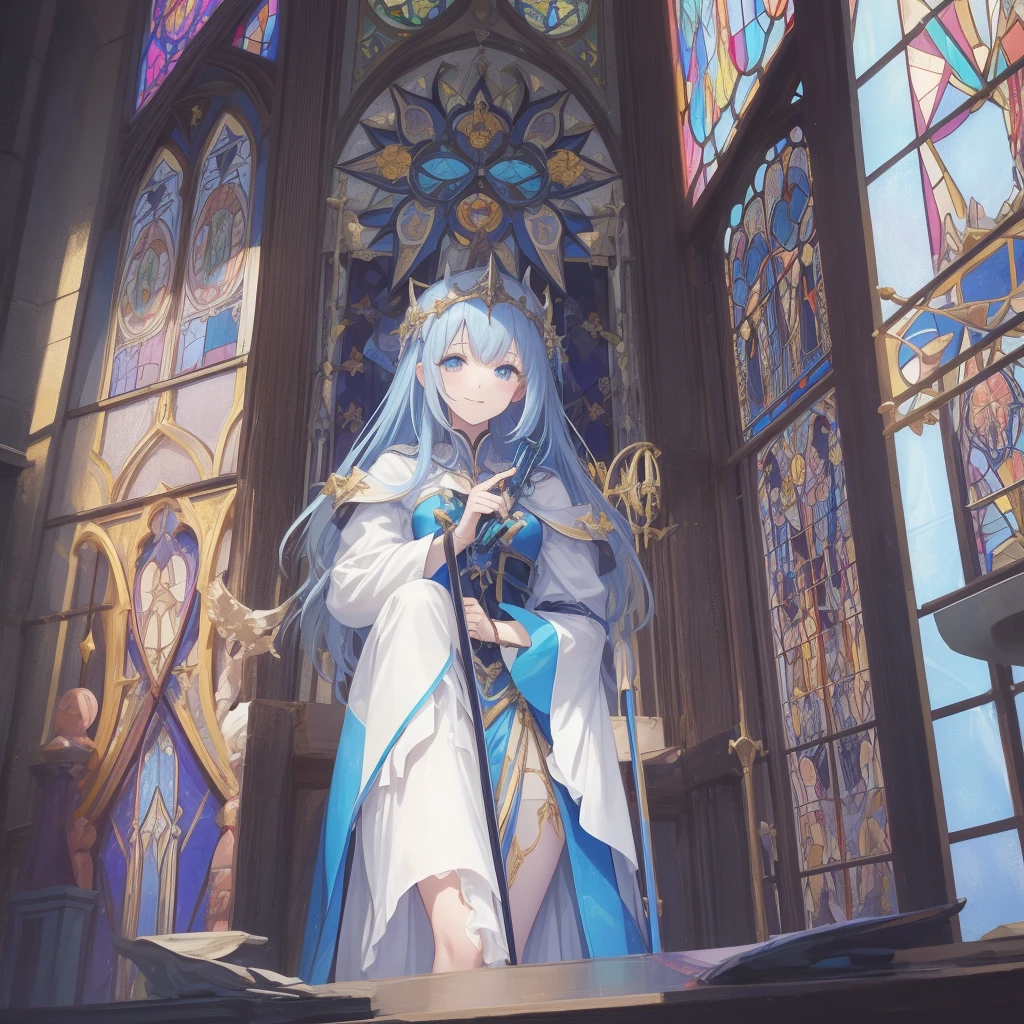 tarot
justice
axis、young woman、smile、Blue Hogow、Cathedral in the background((Stained glass))、Valentine&#39;s Chocolate、Surrounded by believers、Light tones、Gothic style、Decorative edging design。
,Add_Details:1, Add_Details:0, Add_Details:0.5