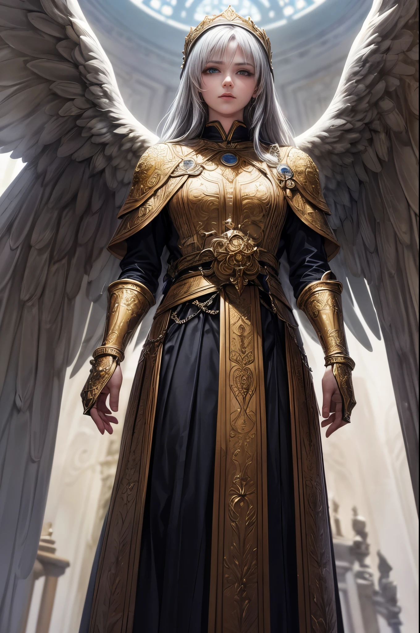 Tall male angel, God, War hero, Archangel Gabriel, Front view of the face, The scene takes place in the Heavenly Palace, Standing on the steps, (A cold overlook:1.3), Looking at the audience, Spread your huge wings, Pure white big wings, Detailed face and eyes, The female angel stands below,Towards Gabriel, War Mobilization Rally, Sacred white background, fantasy, golden and silver colors, (best quality,Very detailed,masterpiece,Human Development Report,Ultra HD,potassium:1.3),professional,Practical,RAW photos,Bright colors
