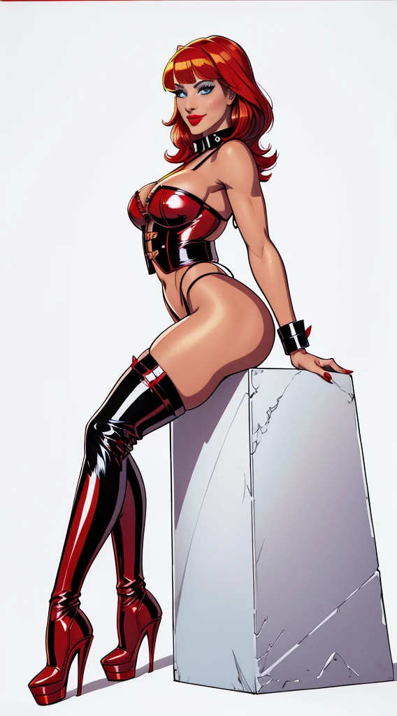 Sexy Hermaphrodite, Plump, pursed lips, Smooth Skin, Blonde with bangs..Crystal blue eyes with smoky eyeshadow and black eyeliner, Black semi-matt lipstick, Dark Skin, A frivolous, proud smile, Red hair.Full body image、Plain white background、Red thigh-high boots with red stiletto heels.Red harness.Full body angle from the side、BDSM、Pin-up girl style straddling a bomb
