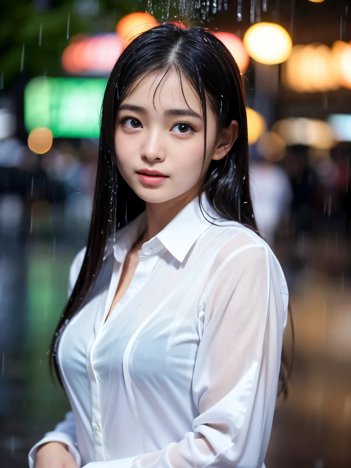 (Best-quality, Masterpiece, Ultra-High-Resolution, (Photorealistic:1.4), Raw Photo, depth of field, professional lighting, perfect anatomy, extremely details), 1girl, 15-years-old, the most famous Japanese idol, ((extremely cute face like the most popular Japanese idol, ((extremely cute and extremely big eyes)), extremely beautiful hair, extremely beautiful skins), extremely cute long-eyelashes, extremely cute lips), (((completely drunk))),
(standing in heavy-rain), (((detailed heavy-rain):1.3)),
((wearing black-formal-business-suit and white-dress-shirt))