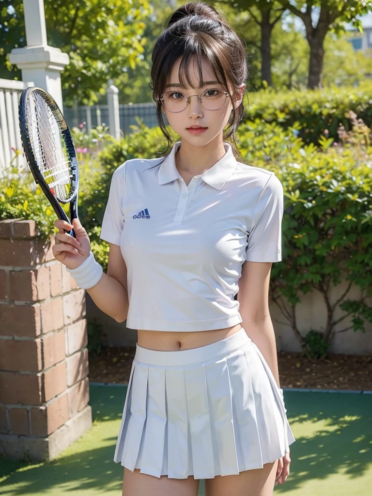 (masterpiece), (Highest quality),Ultra-high resolution, Caustics, Familiar, Beautiful Familiar FACE,Perfect Anatomy,Cowboy Shot,Solo 8 year old beauty、日BookのBookを読む人、Black Hair,Short Bob Hair,black eye,Slender body,Ideal body type,Medium chest,Sunburned skin,Glowing Skin,Oily skin,Shiny skin,Are standing,ponytail,((Breathable latex、Breathable tennis uniform、Breathable white polo shirt、Breathable white pleated mini skirt)),tennis racket1Book、正しく描かれたtennis racket:1.12、Outdoor、Tennis court、,Full body image,(beautiful pussy line:1.10),(She has a very cute, young face.:1), 、(Very young and busty:1.2),(Glasses girl:30%),(Very breathable lace underwear),(Sometimes my nipples pump:1.4)