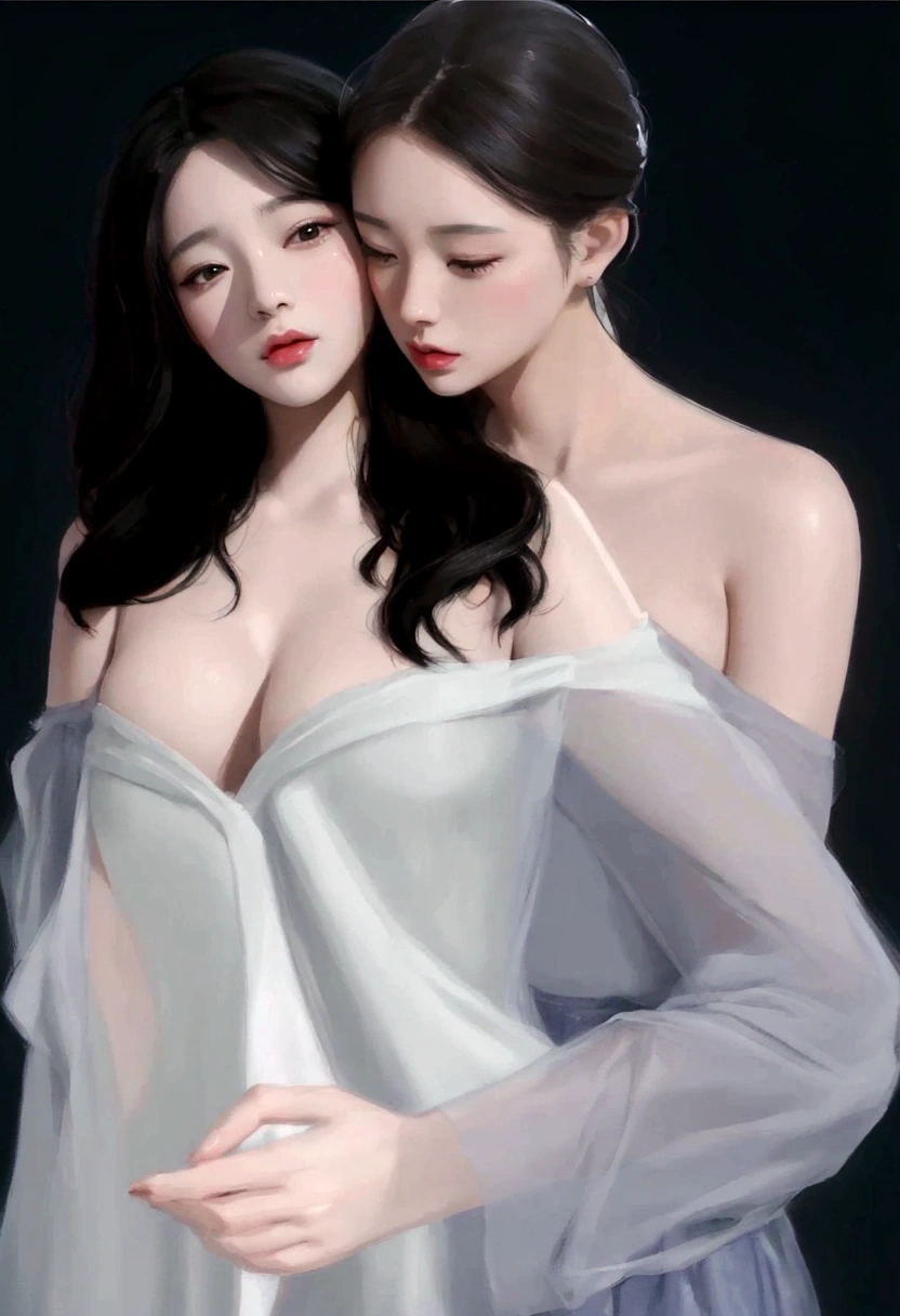 Drawing of two women in white shirts and black pants., Made with Anime Painter Studio., In the art form of the pond, Artwork in the style of gouache, Couple pose, [ digital art 4k ]!!, digital anime illustration, Realistic art style, Drawing in Anime Painter Studio, Realistic art style, Digital Cartoon Art, Realistic anime style, Lesbian Art