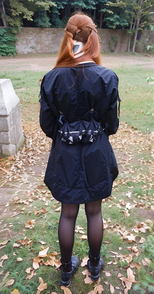 woman with rotated head, ginger, long hair, back photo, head to the back,