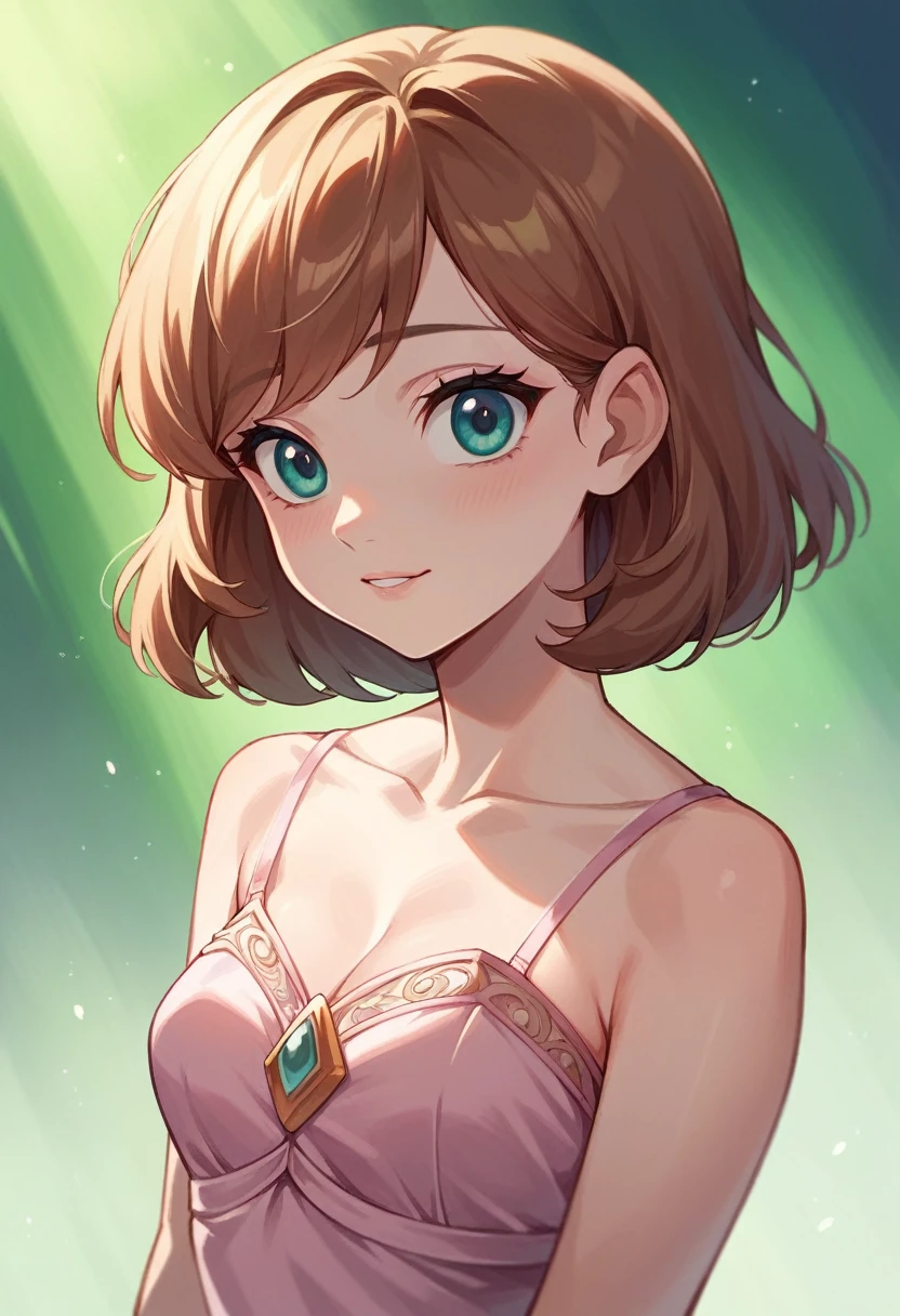A Disney-type princess with Aurora eyes and mouth.  16 years old light pink dress elegant cute Disney cute short medium brown hair without bangs  (pretty girl)  and light skin