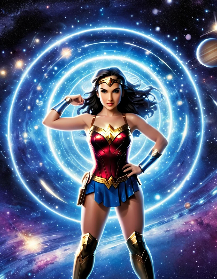 Explore Wonder Woman's cosmic potential by crafting an array of celestial versions, each embodying a different aspect of her character against a galactic backdrop.