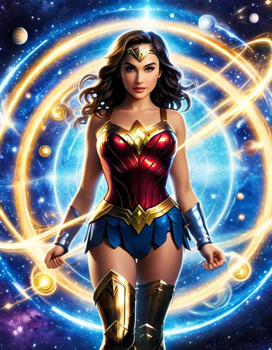 Explore Wonder Woman's cosmic potential by crafting an array of celestial versions, each embodying a different aspect of her character against a galactic backdrop.