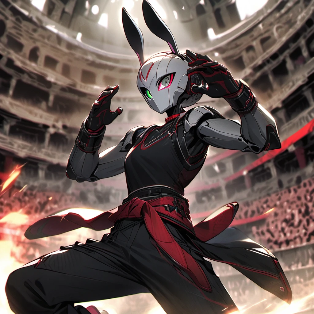 (well done: 1) humanoid white rabbit, dark pink left eye, green right eye, black tank top, bands on the hands up to the forearms, black pants with a red belt on the waist, red sneakers with black details. in a battle pose in a coliseum.