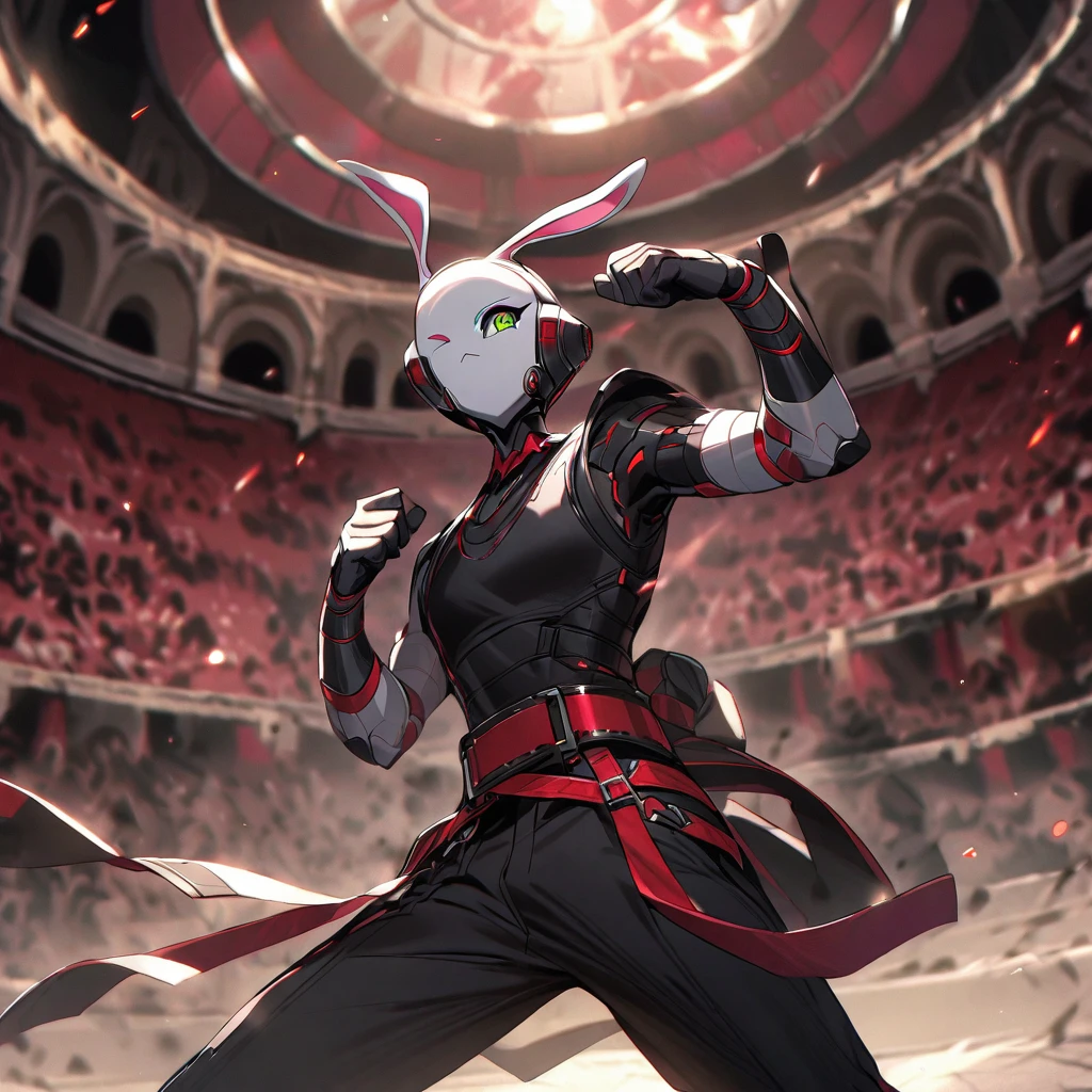 (well done: 1) humanoid white rabbit, dark pink left eye, green right eye, black tank top, bands on the hands up to the forearms, black pants with a red belt on the waist, red sneakers with black details.  in a battle pose in a coliseum.