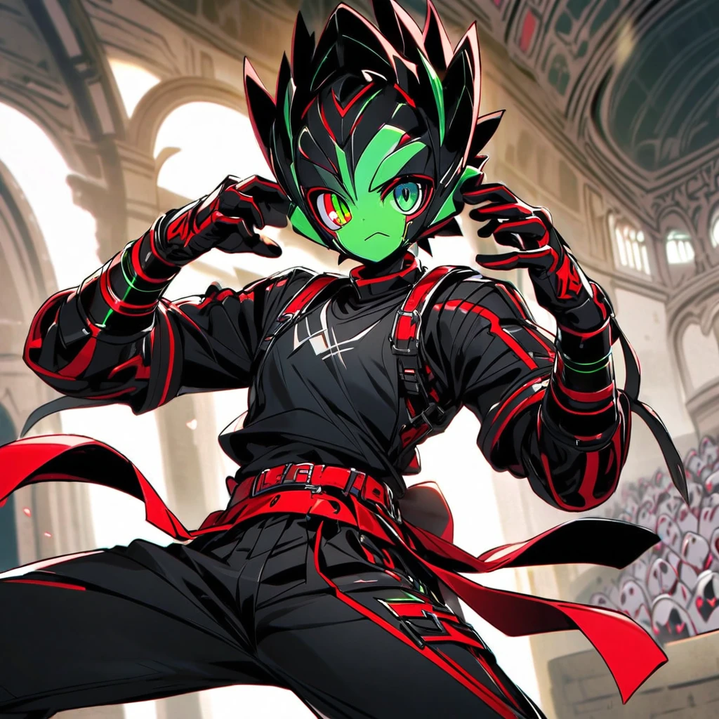 (well done: 1) humanoid white rabbit, dark pink left eye, green right eye, black tank top, bands on the hands up to the forearms, black pants with a red belt on the waist, red sneakers with black details.  in a battle pose in a coliseum.