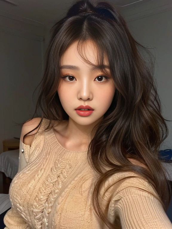 a closeup of a woman with long hair and wearing a sweater, curly bangs, korean girl, ulzzang, beautiful south korean woman, Beautiful young Korean woman, Beautiful young Korean woman, Popular Korean makeup, young and adorable korean face, curly bangs and ponytail, South Korean popular makeup, shoulder length wavy hair, with long curly hair, beautiful asian girl, messy curly hair