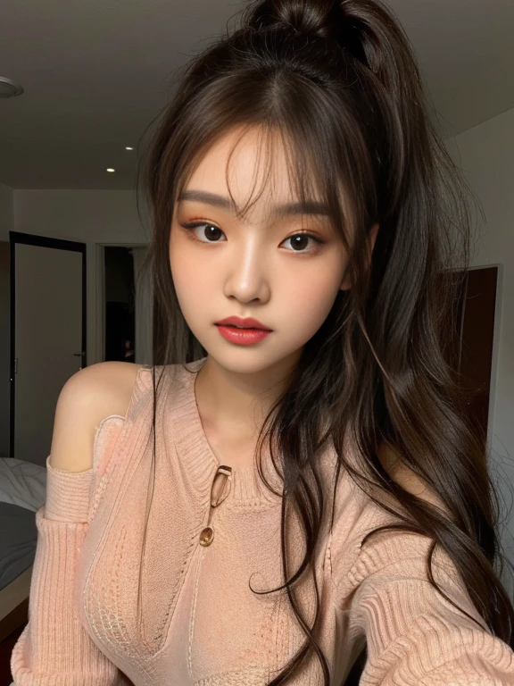 a closeup of a woman with long hair and wearing a sweater, curly bangs, korean girl, ulzzang, beautiful south korean woman, Beautiful young Korean woman, Beautiful young Korean woman, Popular Korean makeup, young and adorable korean face, curly bangs and ponytail, South Korean popular makeup, shoulder length wavy hair, with long curly hair, beautiful asian girl, messy curly hair